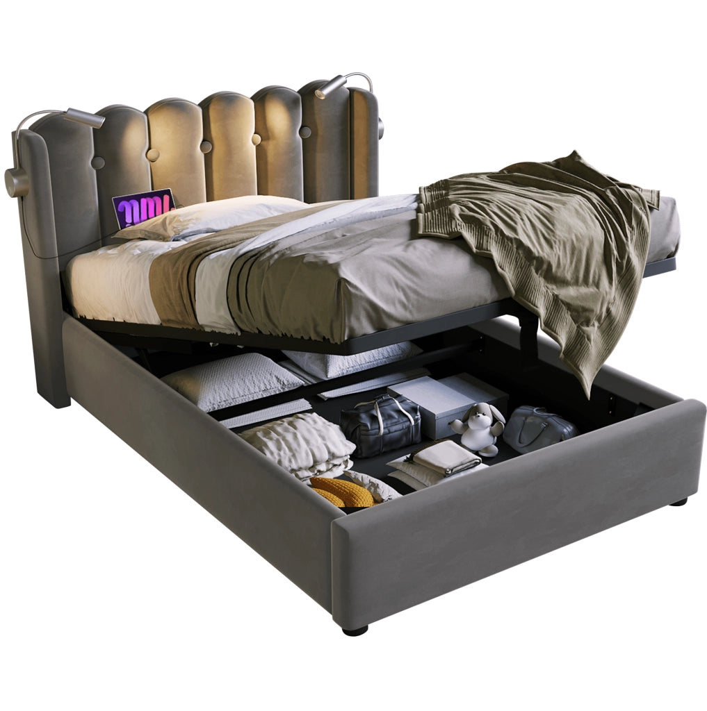 Letto singolo 90x200 cm con contenitore; luce da lettura e porta USB; velluto grigio
