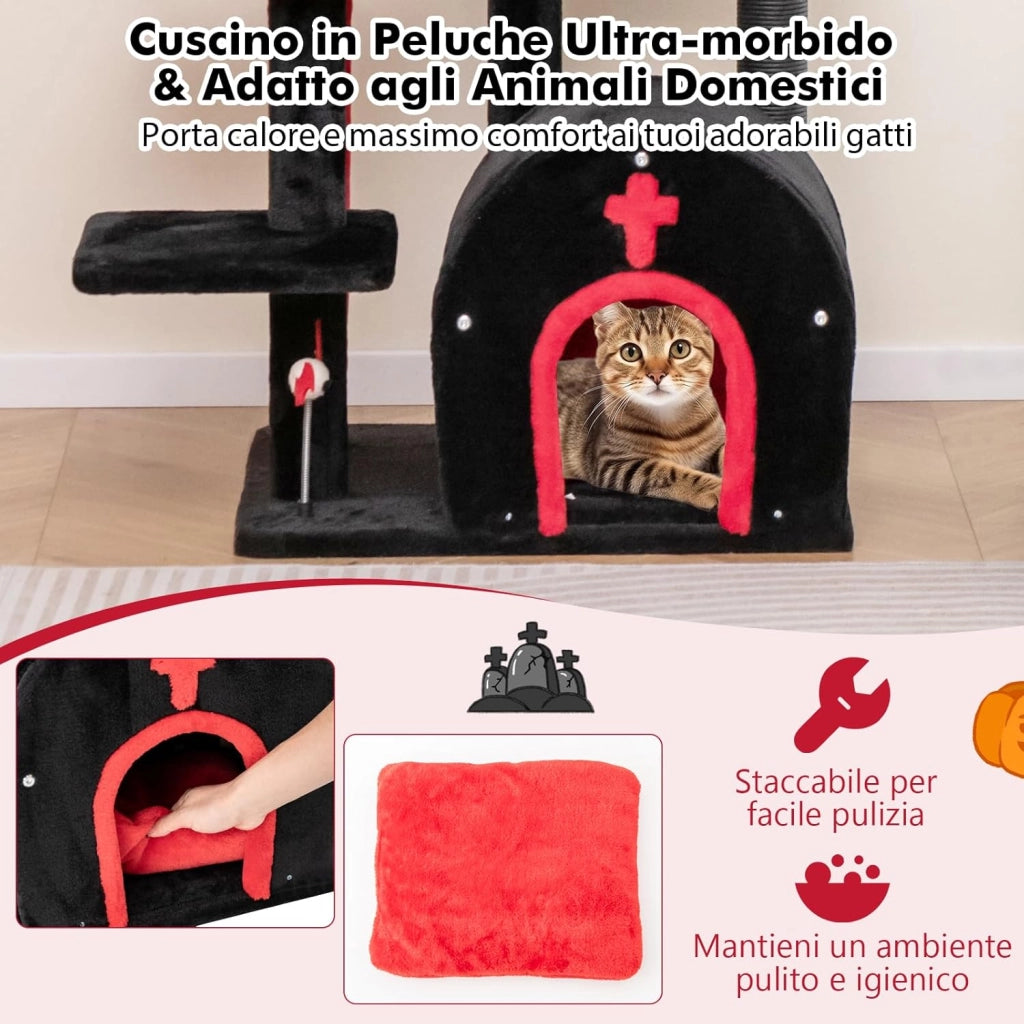 Albero per Gatti Gotico, Tiragraffi con Letto per Gatti, Condominio ad Arco, Pali, Pompom e Palline a Molla, Cat Tree di Halloween a 6 Livelli, Nero e Rosso