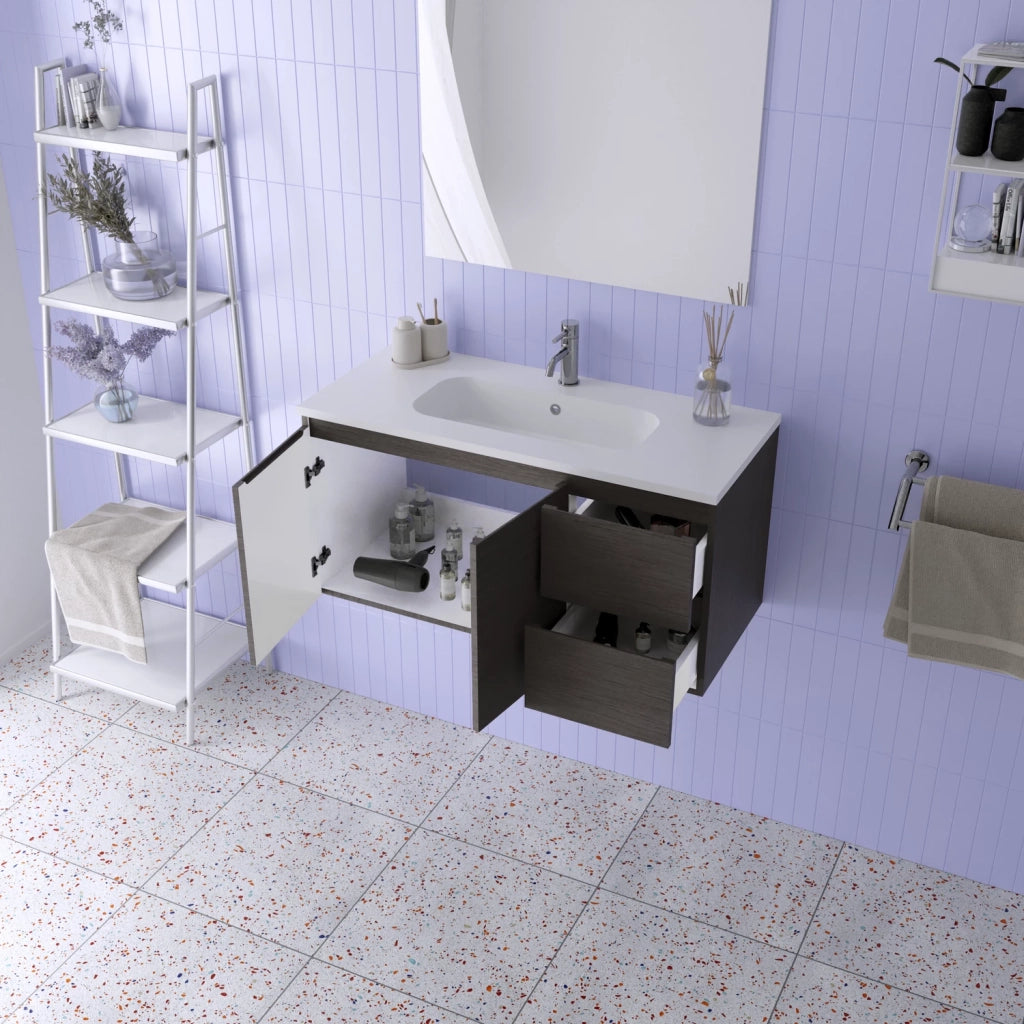 Mobile da bagno sospeso 100cm rovere scuro con lavabo e specchio | Rata