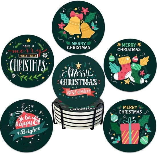 Set di sostegni per Natale da 6, sostegni ceramici con maniglia, sostegni ceramici a stile marmo con maniglia, sostegni assorbenti, da utilizzare per tazze, vasi, candele, bar e tavoli (colori di Natale)