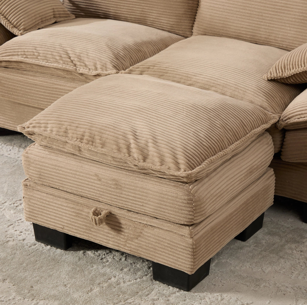 Divano 2 posti con pouf contenitore; USB-C e tasche laterali; velluto a coste kaki