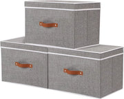 Bacchi da stivaggio pieghevoli in tessuto di lino grigio - coperchio pieghevole - maniglie - contenitori organizzatori - armadio da camera - 3-pack - 33x23x20 cm