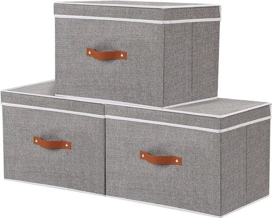 Bacchi da stivaggio pieghevoli in tessuto di lino grigio - coperchio pieghevole - maniglie - contenitori organizzatori - armadio da camera - 3-pack - 33x23x20 cm
