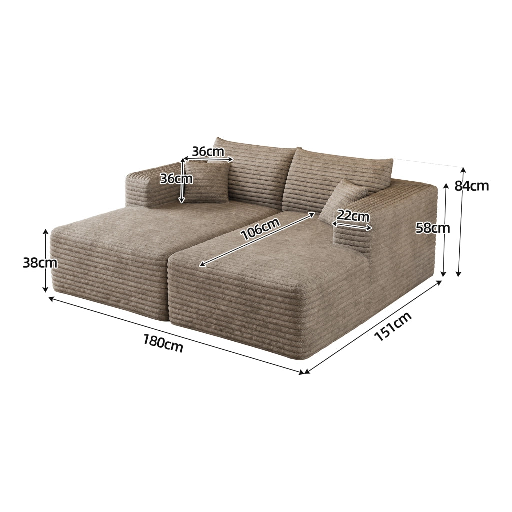 Divano modulare chaise longue senza montaggio salvaspazio in tessuto velluto a coste cammello 180 × 151 × 58 cm