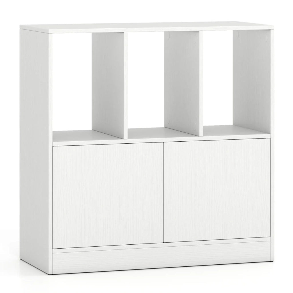 Libreria a 3 ripiani con armadio contenitore e moderno ripiano espositivo in legno composito bianco 20_0017286