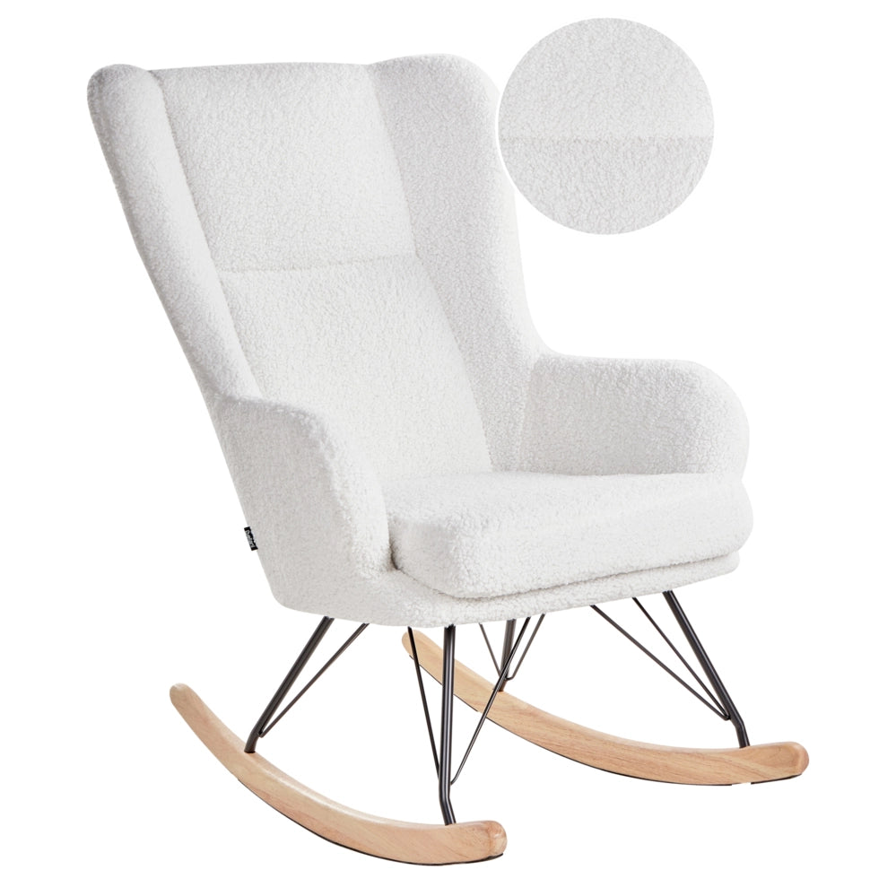 Sedia a dondolo Rivestimento in bouclé bianco sporco Gambe nere in metallo con braccioli Schienale alto Soggiorno