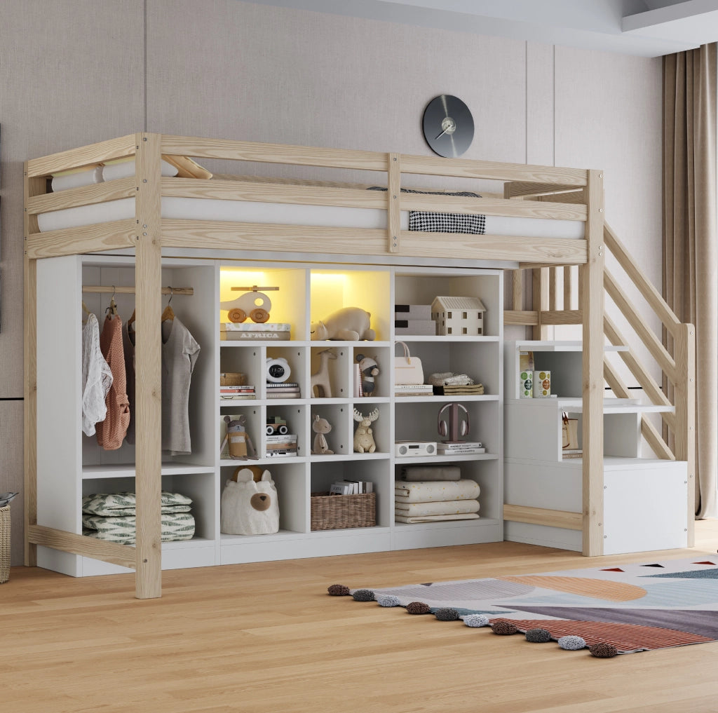Letto a soppalco 90 x 200 cm con armadio, contenitori e illuminazione LED