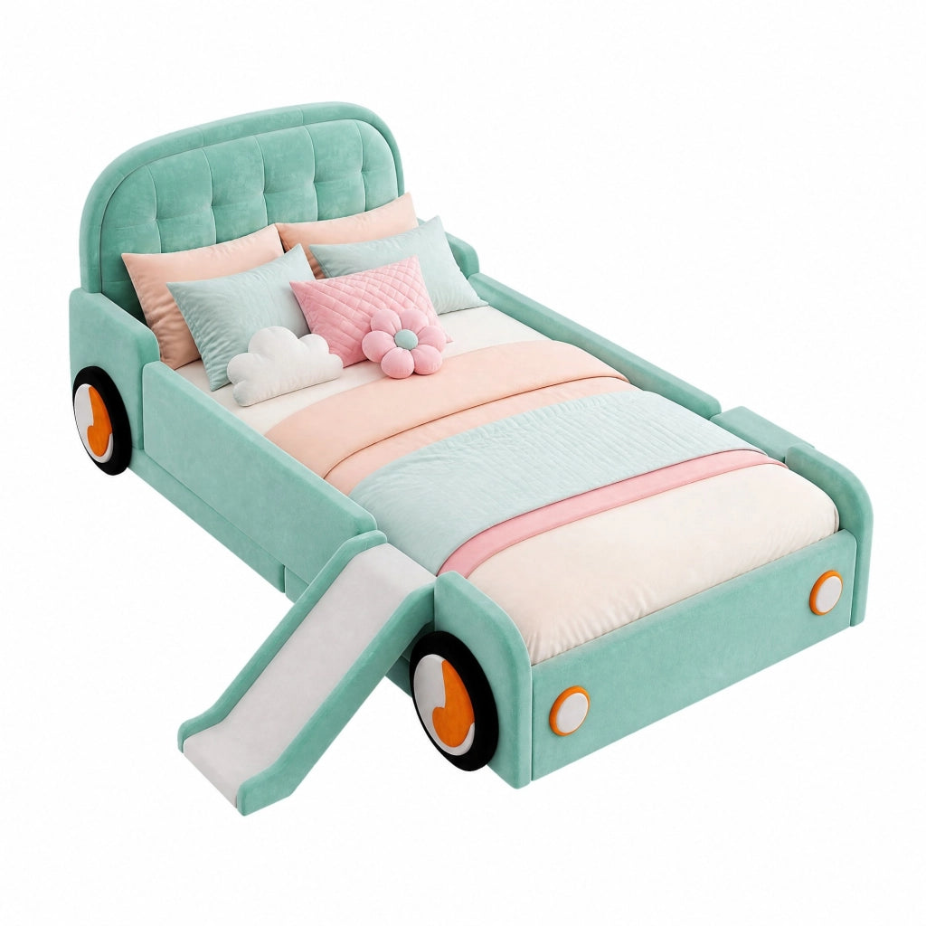 Letto per Bambini 90x200 cm - Scivolo; Scala e Sponde Imbottite - Velluto Blu Verde