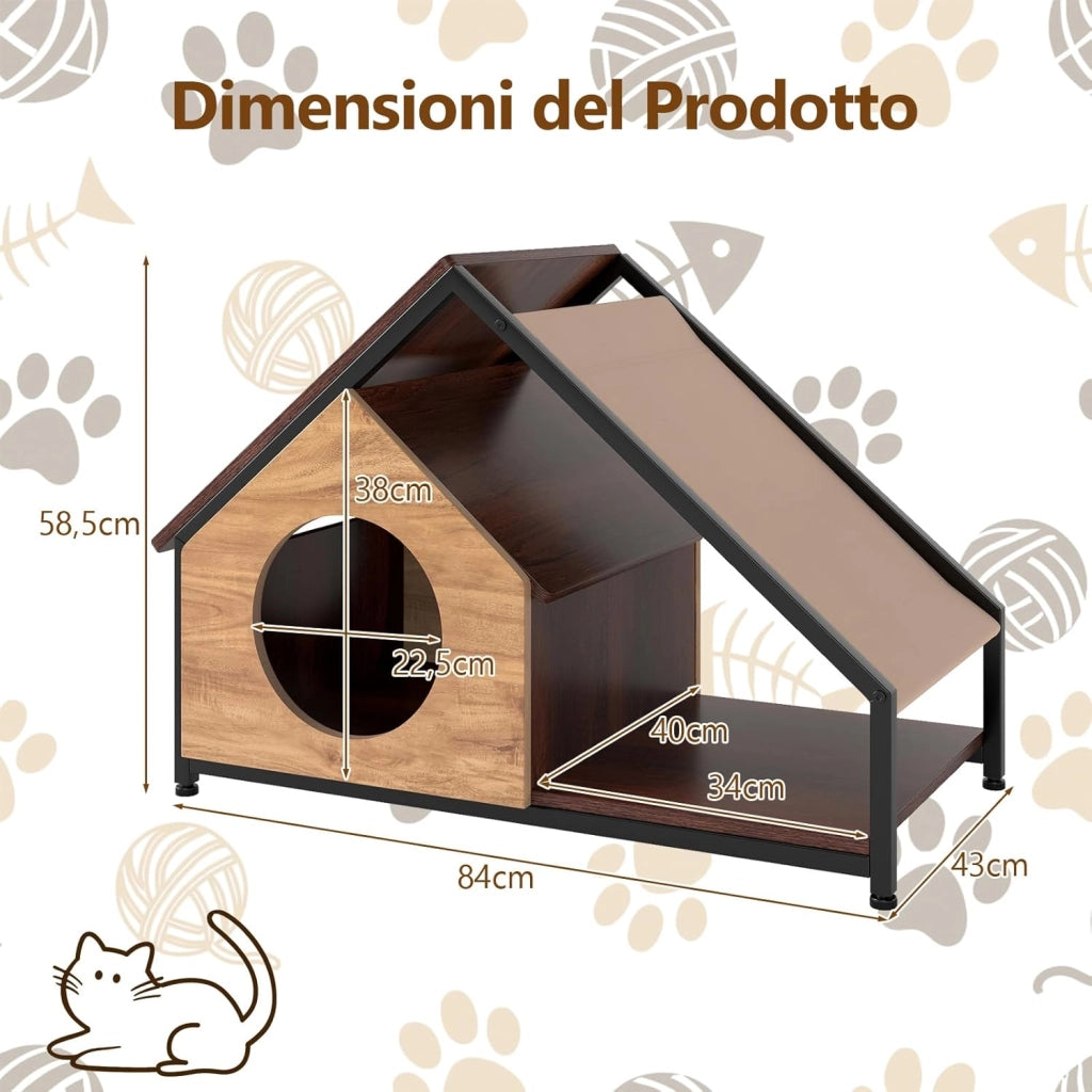Casetta per Gatti da Interno, Cuccia per Gatti in Legno con Veranda, Tetto Inclinato Staccabile e Struttura in Metallo, Villa Industriale per Gattini, 84 x 43 x 58,5 cm