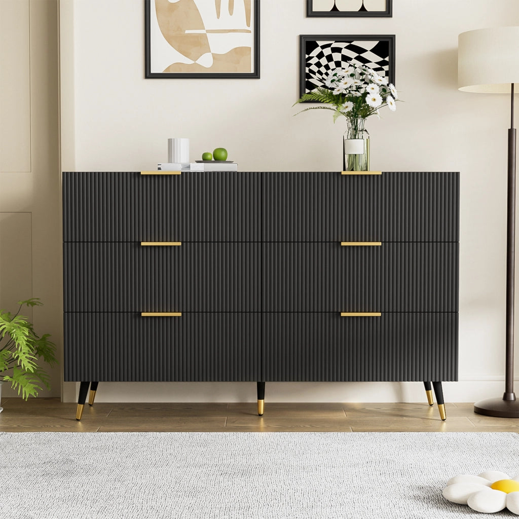 Credenza moderna con 6 cassetti in truciolare nero, gambe alte e dettagli dorati 120 × 40 × 77 cm