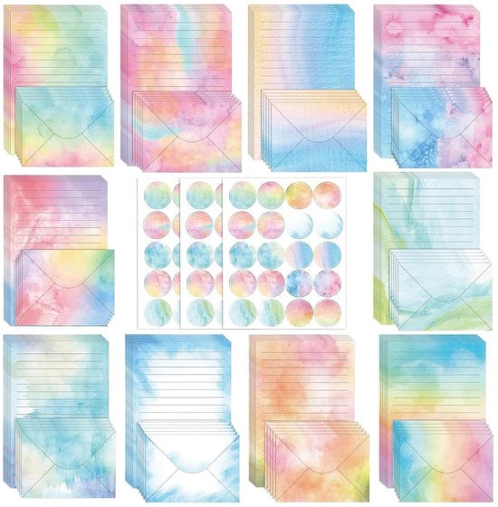 Set di carta da lettera aquarello e buste - 160 pezzi - Articoli da ufficio - 10 colori