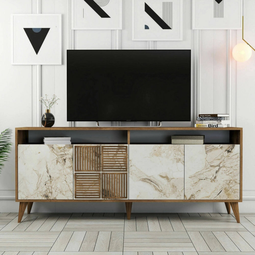 Consolle Jole, Credenza da soggiorno, Armadio basso per TV, Base parete attrezzata, 180x35 h79 cm, Noce e Bianco Marmo