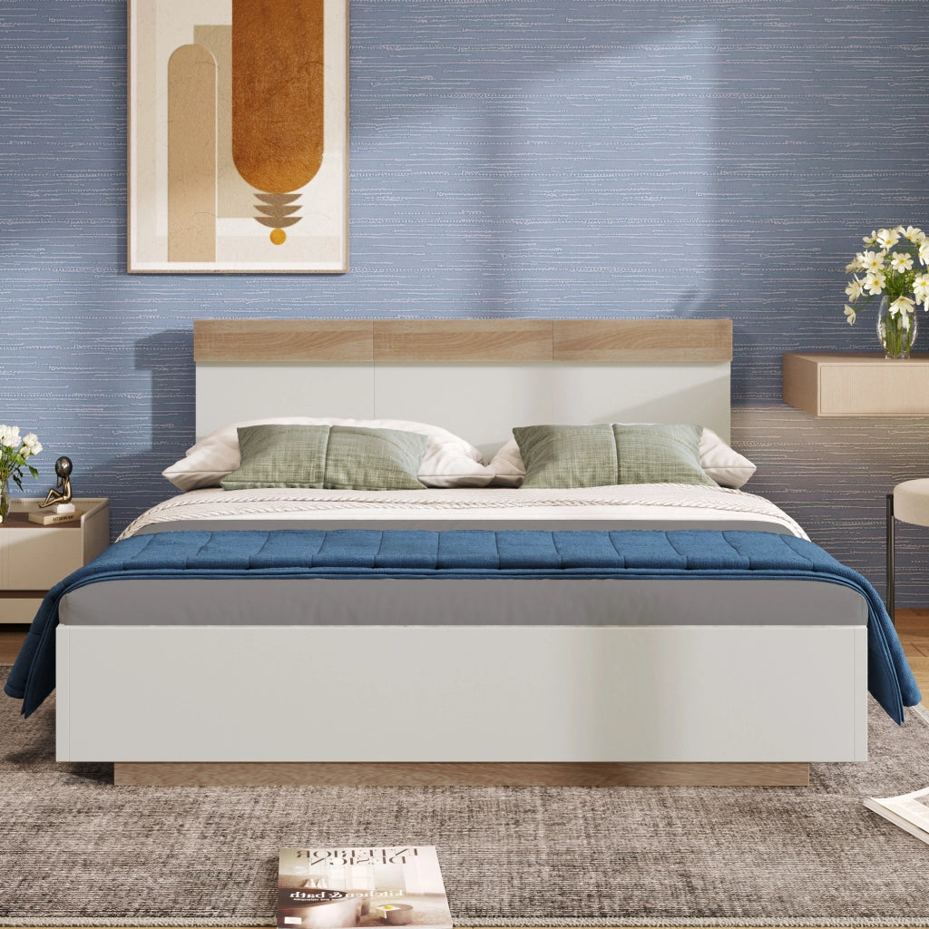 Letto Matrimoniale Letto Adulto con Testiera; 140 x 200 cm; senza Materasso; in Legno; Bianco e Rovere