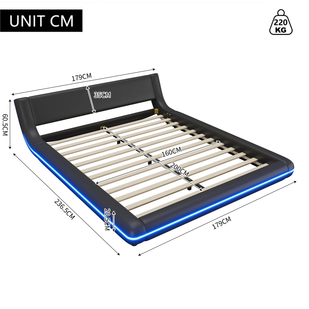 Letto basso matrimoniale 160×200 cm a pavimento con LED regolabile; senza materasso; PU e MDF; nero