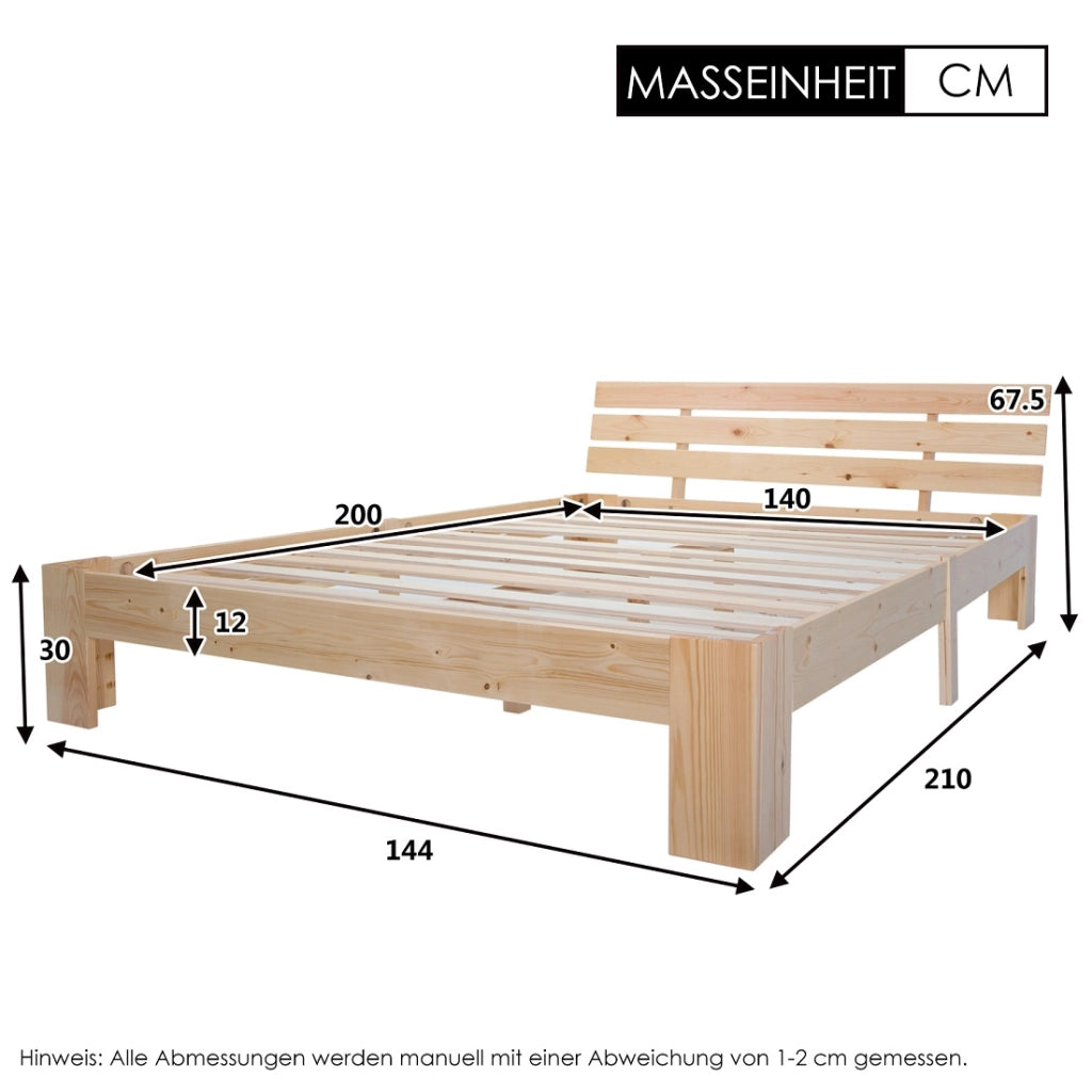 Letto matrimoniale in legno massello 140x200 cm con rete a doghe, colore naturale