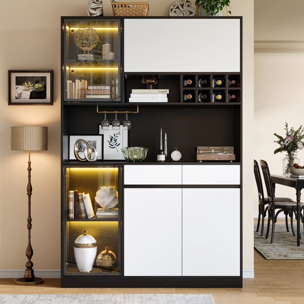Credenza alta con LED e vetrina, ripiani aperti, vani chiusi e portabottiglie per soggiorno e sala da pranzo, in MDF, nero e bianco, 120 × 35 × 180 cm