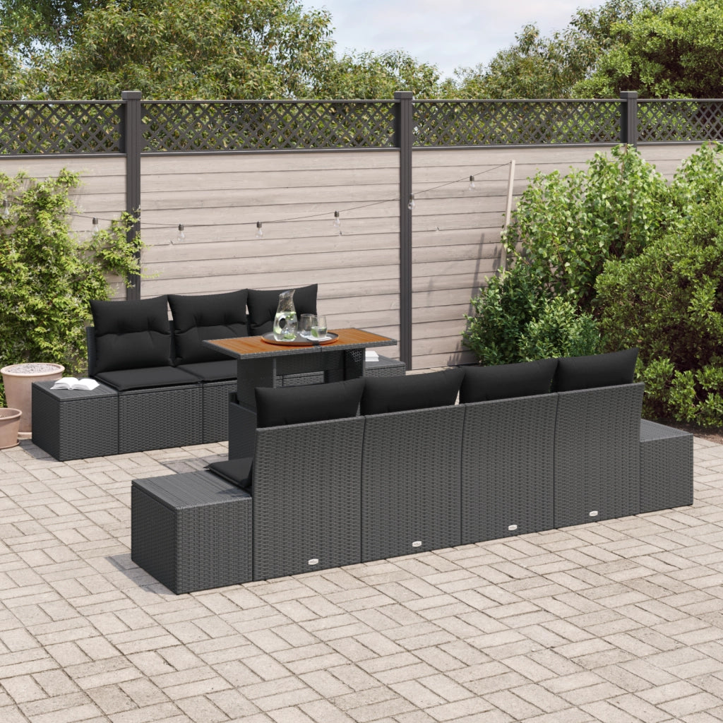 Set divano da giardino a 8 pezzi con cuscini in rattan poly nero