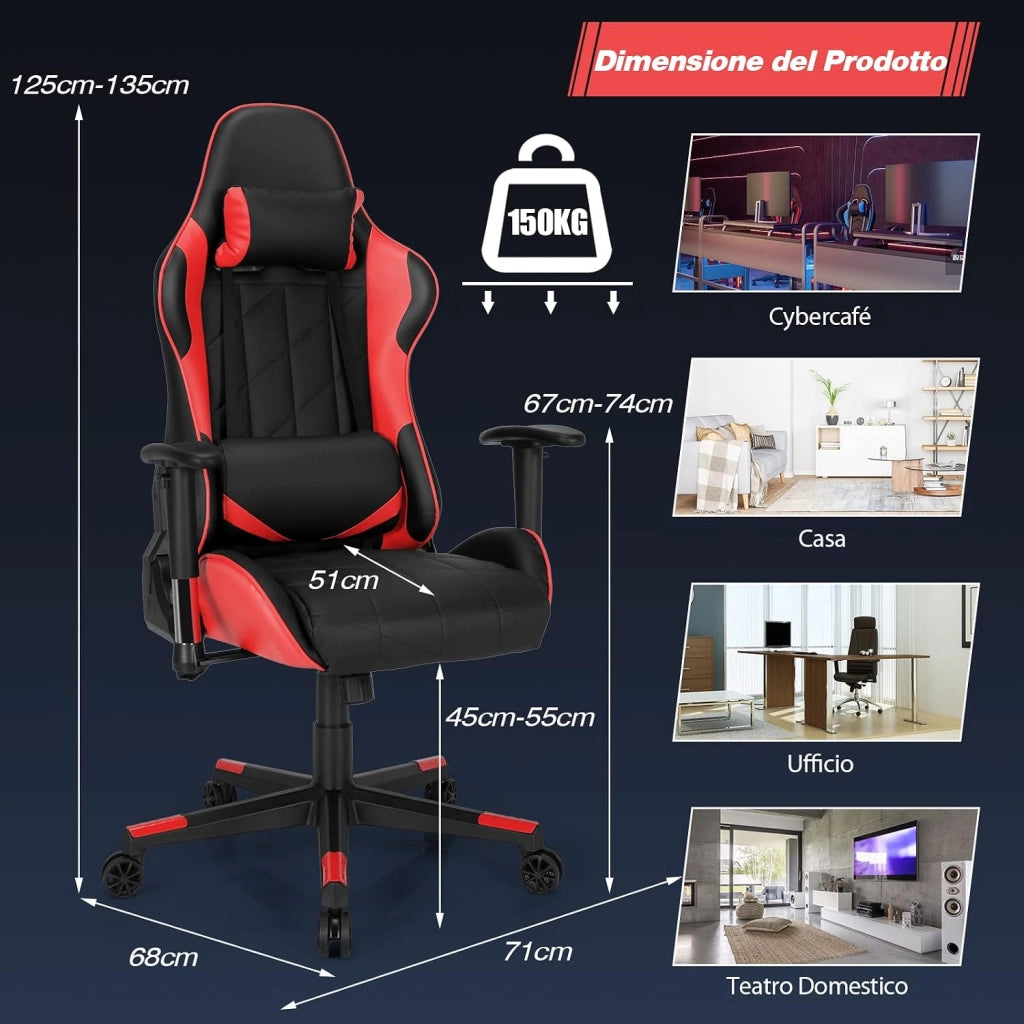 Sedia da Gaming Girevole a 360°, Sedia Ergonomica per Computer per Gaming con Poggiatesta e Cuscino Lombare, Angolo Reclinabile Regolabile (Rosso)