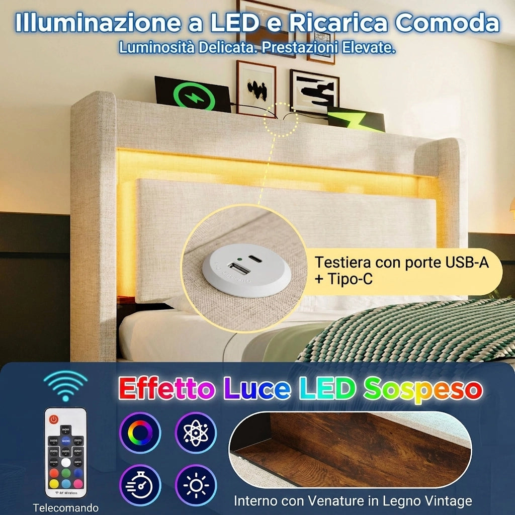 Letto singolo imbottito 90x200 cm con contenitore idraulico; LED e prese USB; lino beige