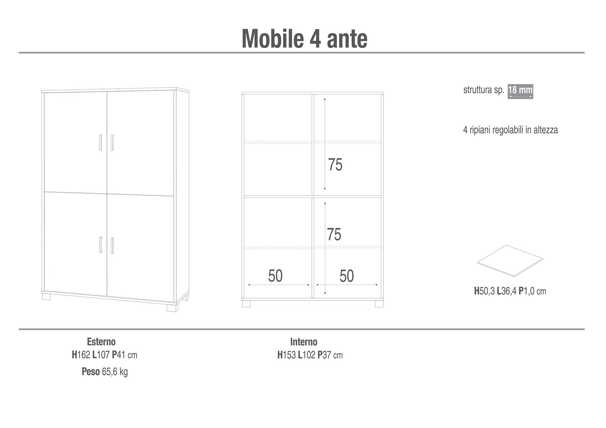 Mobile 4 Ante 107x162x41 cm Bianco Fiammato