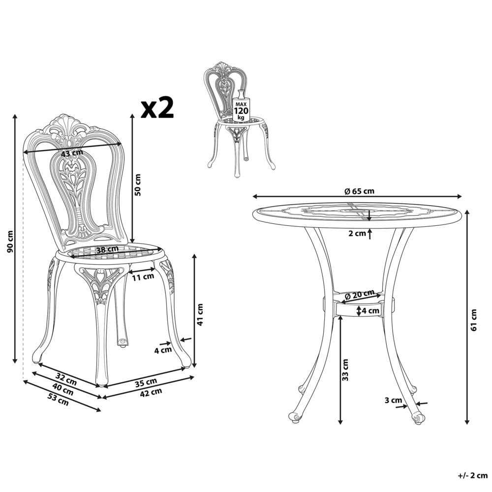 Set Bistrot Marrone Alluminio Giardino Esterno 2 Posti Tavolo ø 65 cm 2 Sedie Vintage