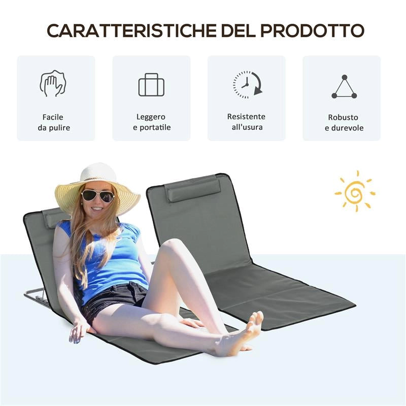 SET 2 LETTINI SPIAGGIA PIEGHEVOLI CON SCHIENALE REGOLABILE A 5 LIVELLI E BORSA, GRIGIO