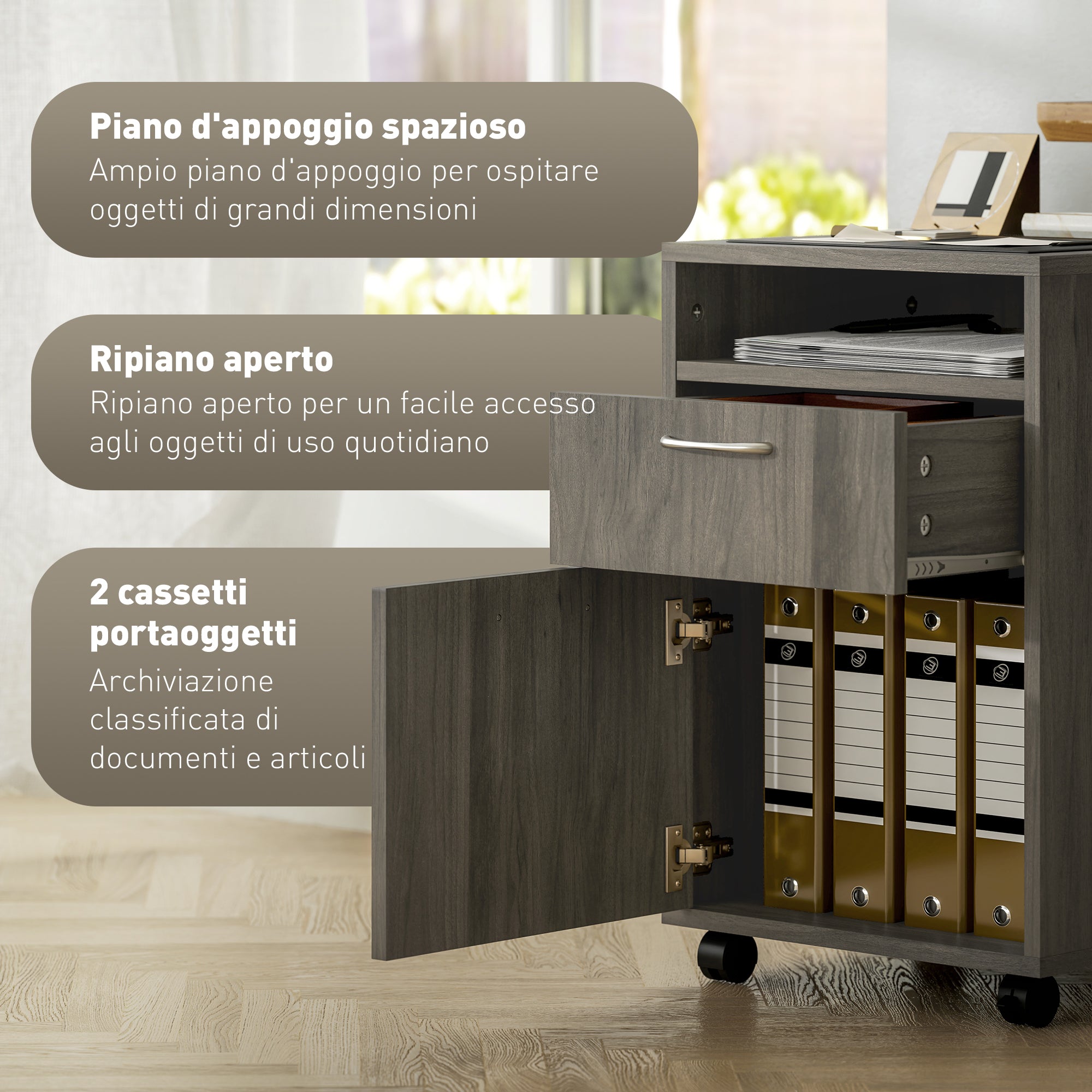 Cassettiera Portadocumenti a 4 Ruote 40x35x60 cm con Ripiano Aperto e Cassetti in Legno e Metallo Grigio