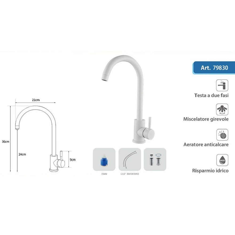 Trade Shop - Rubinetto Per Lavello Cucina A Canna Alta Bianco Miscelatore Per Lavandino 79830 -