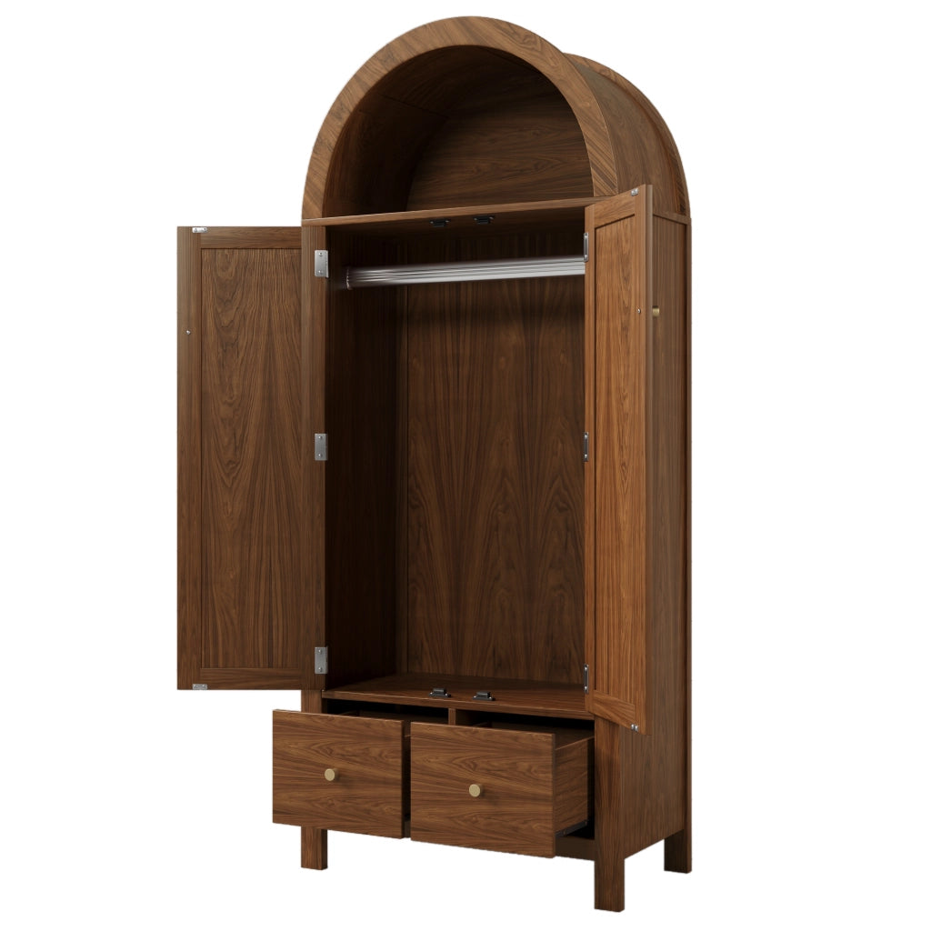 Armadio con anta ad arco, effetto noce, inserti in rattan, 2 cassetti e asta appendiabiti