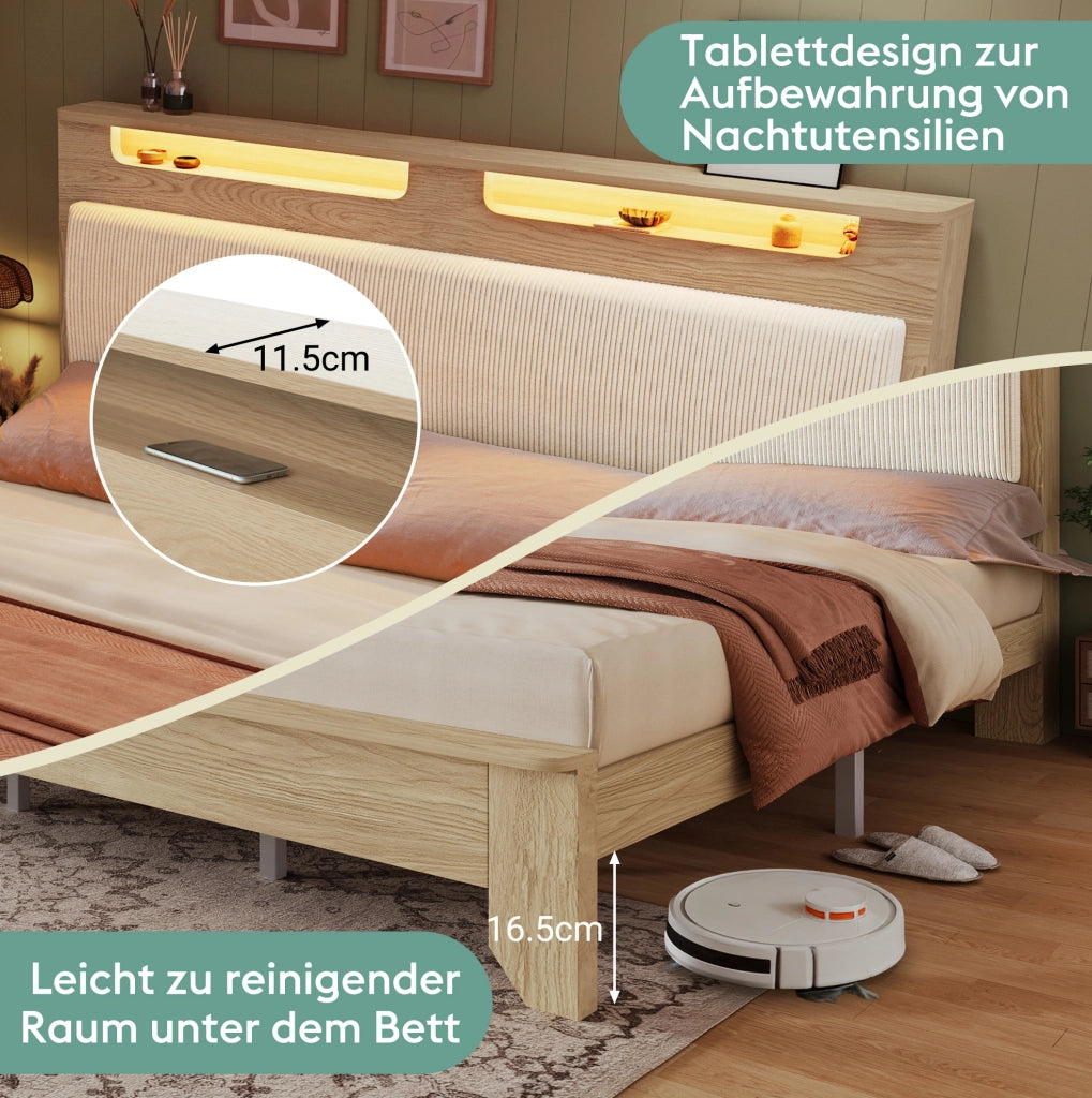 Letto matrimoniale 140x200 cm con LED e testiera contenitore