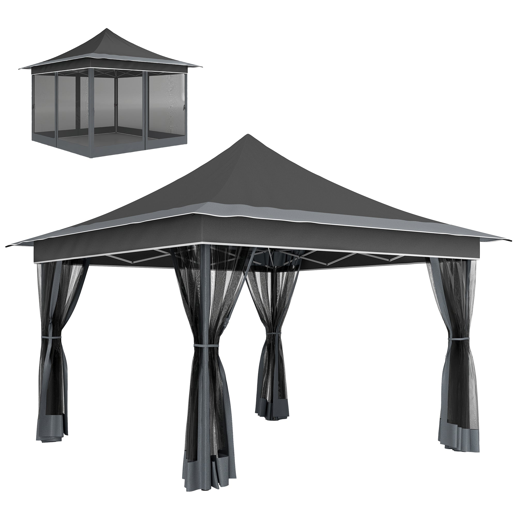 Gazebo da Giardino Pop Up 357x357x310 cm Altezza Regolabile e Zanzariere Grigio Scuro