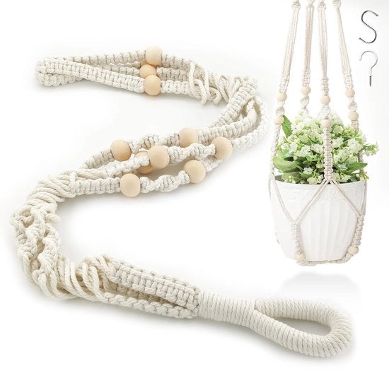 Macramé maniglia per piante, maniglia per piante per interni con ganci per soggiorno, esterno, balconi, finestre, decorazione per parete (perle beige)