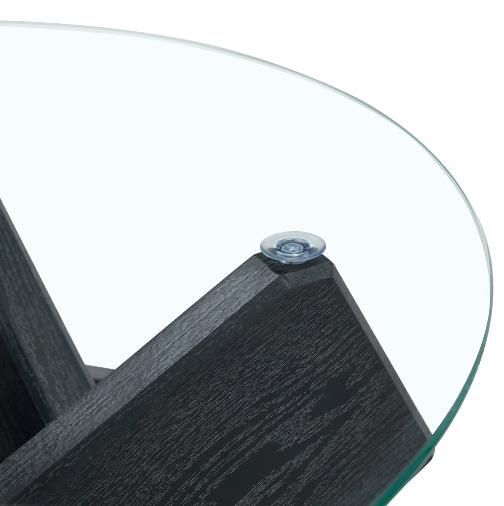Tavolino da caffè rotondo 79 cm con piano in vetro e base incrociata in MDF e vetro nero trasparente