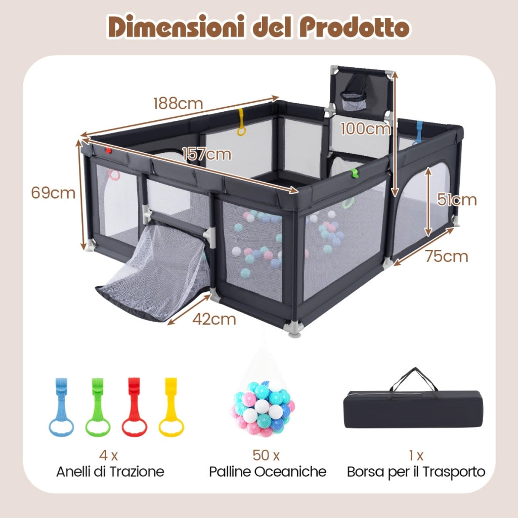 Recinto da gioco per bambini con porta con cerniera rete traspirante-Recinto gioco per bambini con canestro da basket Grigio scuro