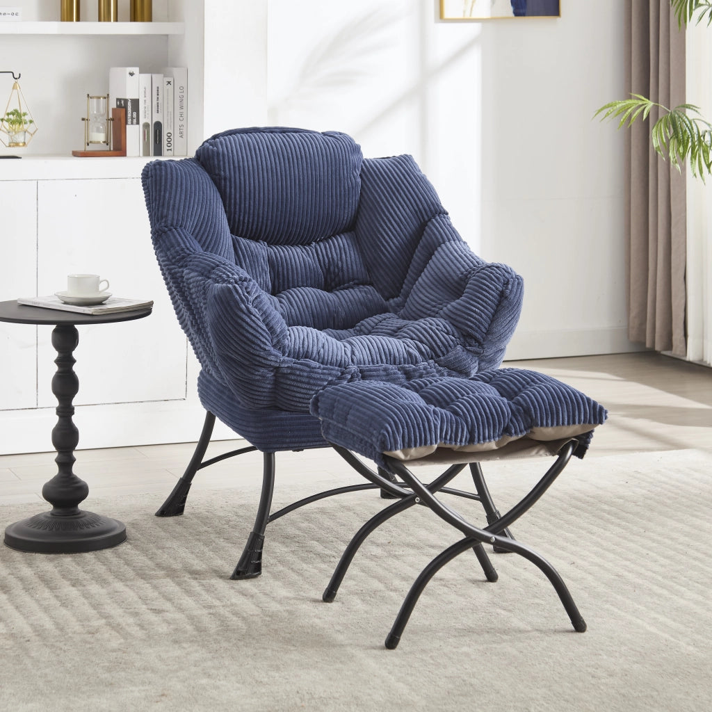 poltrona relax con pouf; tasca laterale e braccioli; in acciaio; blu navy