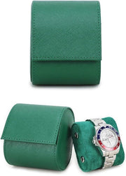 Orologio da viaggio in pelle reale portatile - 1 pezzo - pelle Saffiano - design da fissaggio a grappolo - verde - con cuscini rimovibili