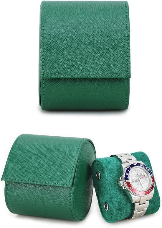 Orologio da viaggio in pelle reale portatile - 1 pezzo - pelle Saffiano - design da fissaggio a grappolo - verde - con cuscini rimovibili