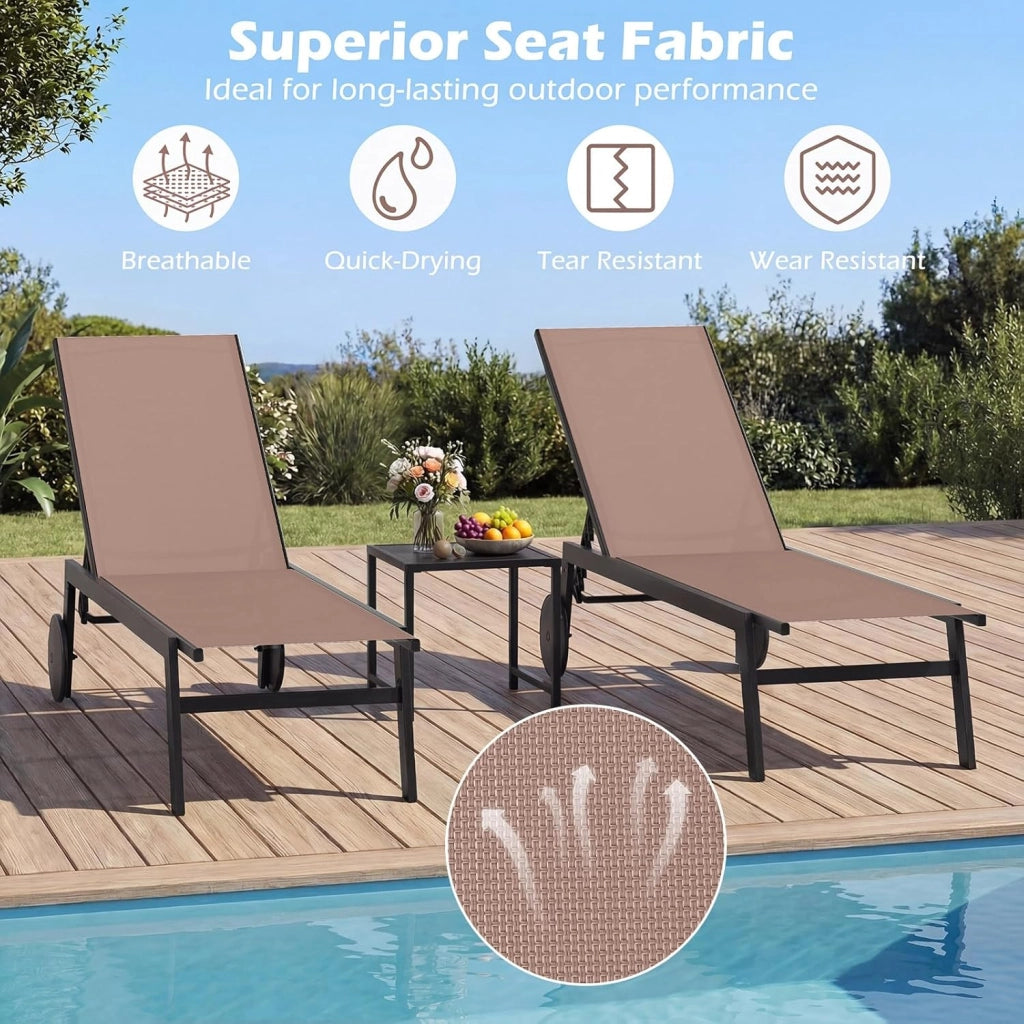 Set di 2 Sdraio da Giardino Reclinabili, Sedia da Abbronzatura Piatta in Metallo Resistente con Schienale 6 Posizioni e Tessuto Traspirante, per Bordo Piscina e Terrazza (Marrone,2)
