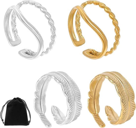 Anelli adattivi con taschino in velluto e piuma di angelo - Disegno a righe da golf - Anello per anello del pollice - Accessori per gioielli per donne (argento)