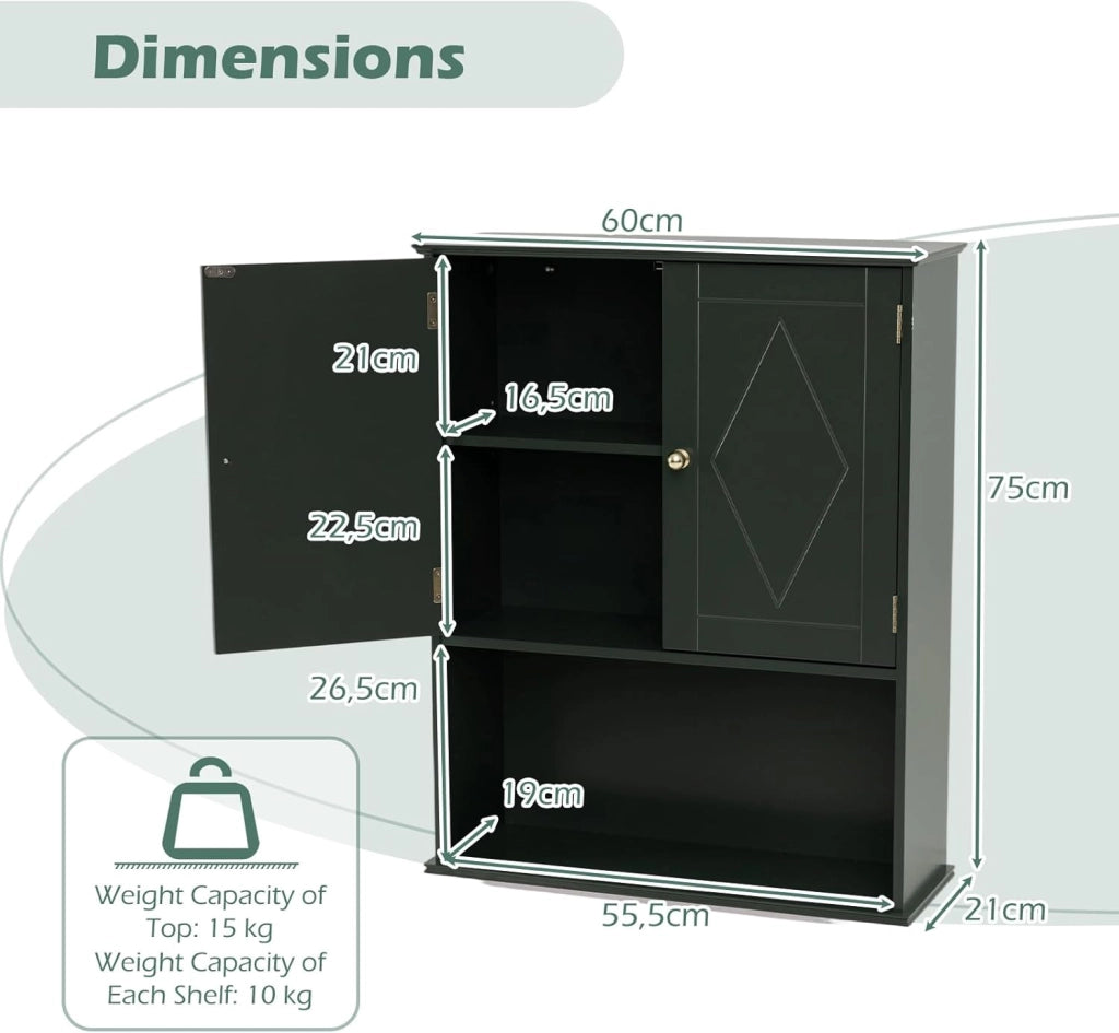 Mobile da Bagno, Armadietto a 2 Ante con Ripiano Regolabile, Armadio da Parete con Mensola Semi-aperta per Asciugamani, Prodotti per la Cura della Pelle e Articoli da Bagno (Verde)