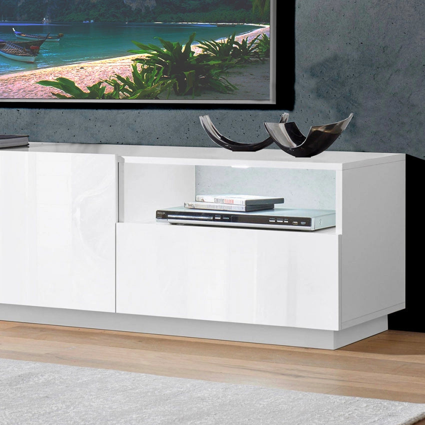 Porta TV Vega moderno con 2 ante battente e 1 cassetto - Bianco lucido