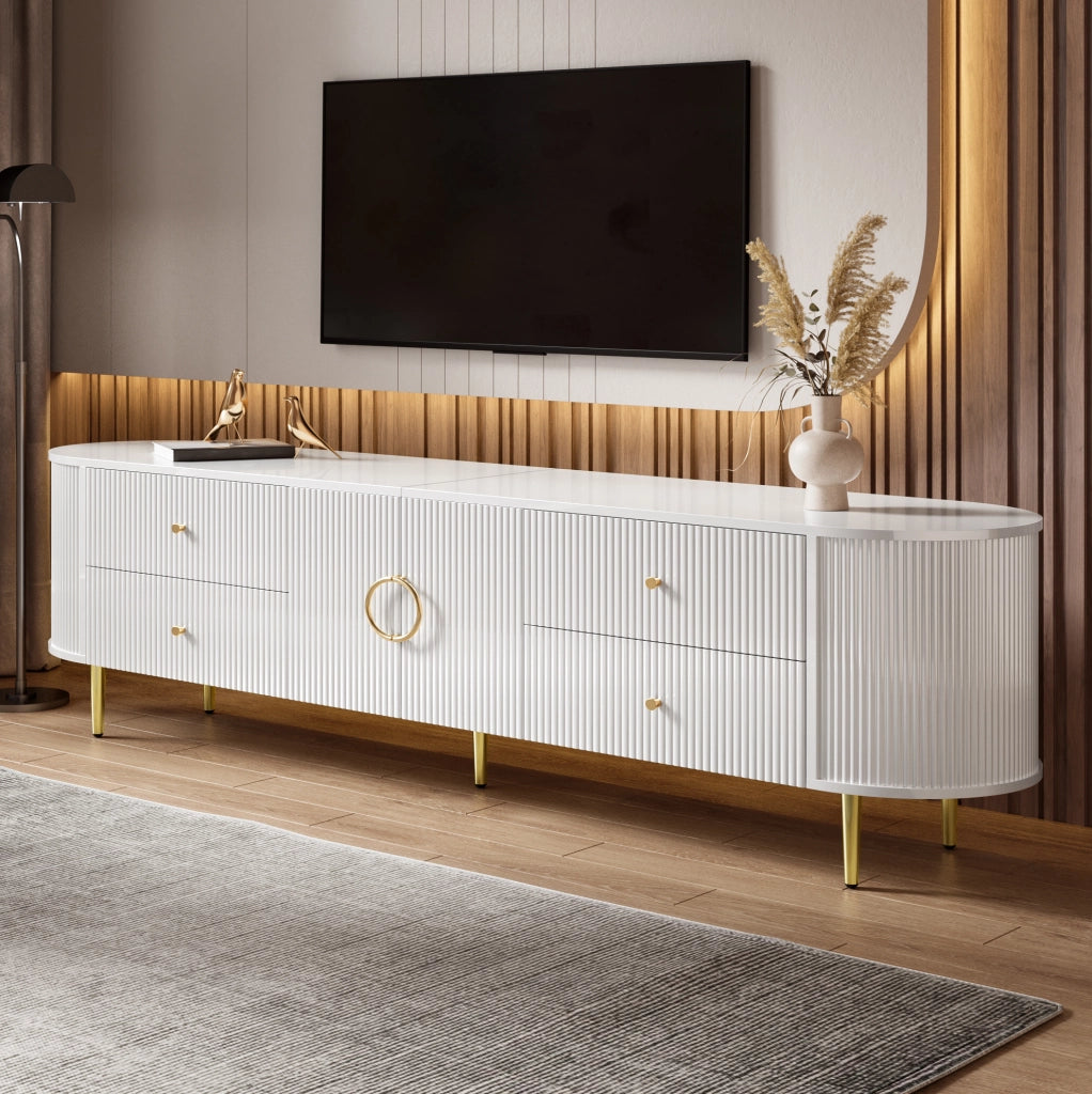 Mobile TV in MDF bianco 180x40x38 cm con cassetti; doppia anta e passacavi