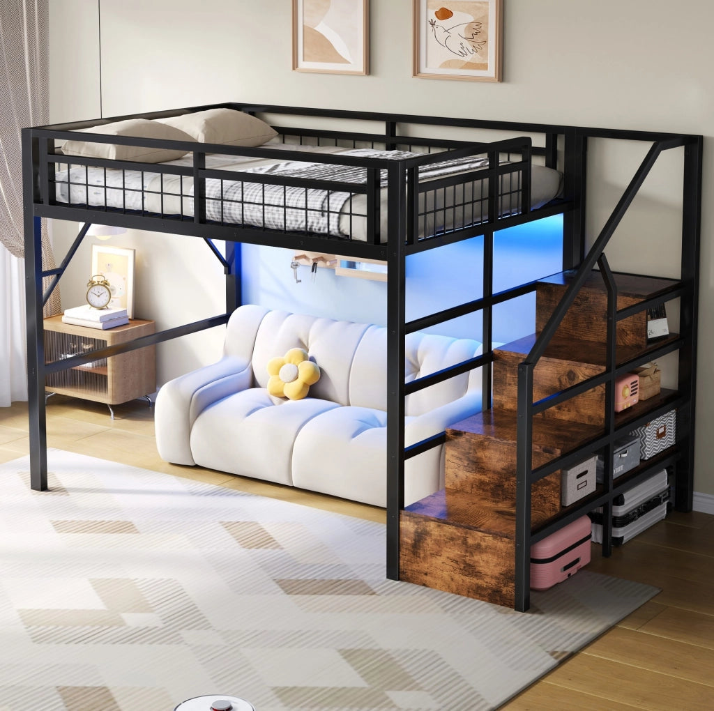Letto a soppalco 140x200 cm in metallo e MDF con LED e scale contenitore; nero