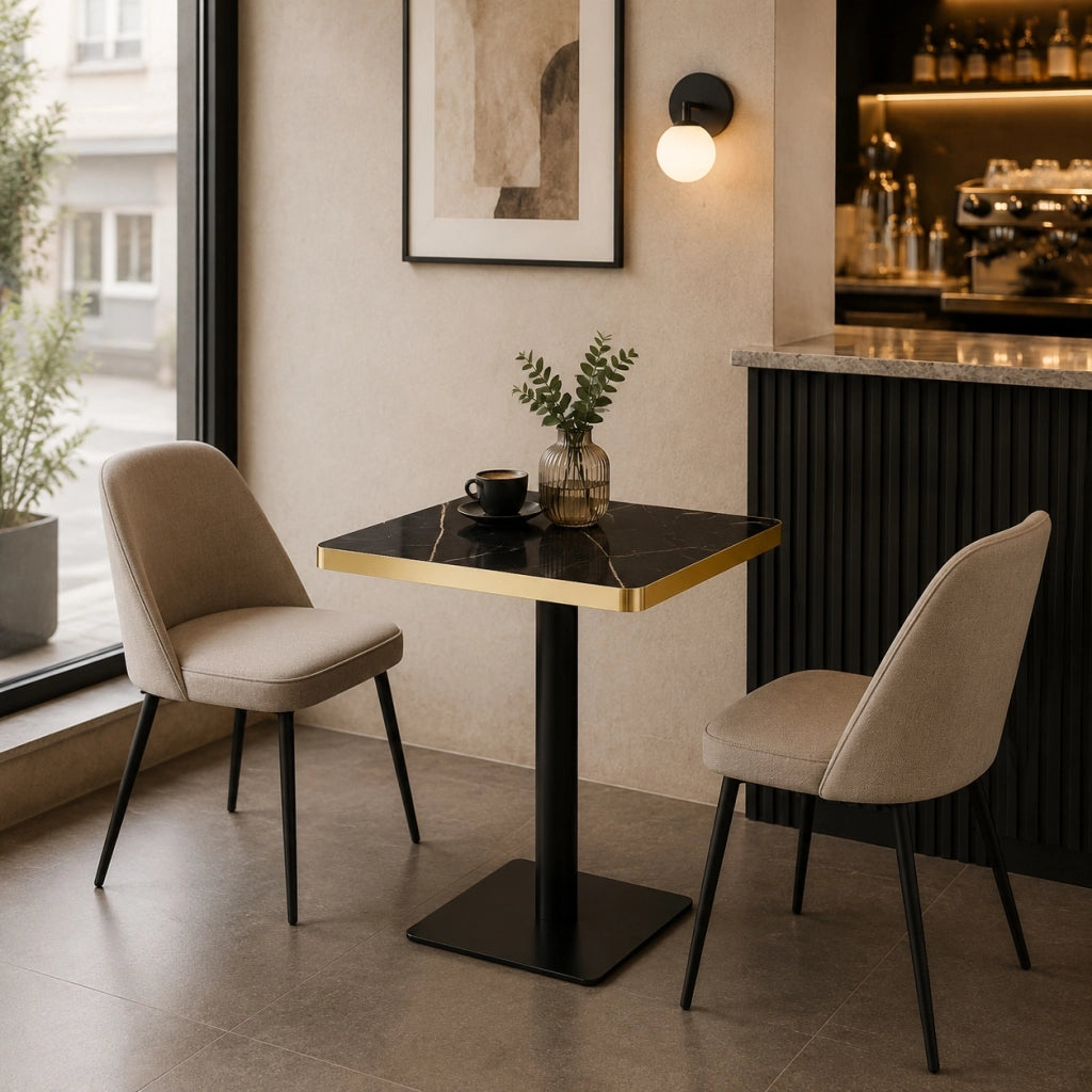 Tavolo da pranzo per 2-4 persone con piano quadrato effetto marmo e base in metallo, stile moderno, nero, 60 × 60 × 74 cm