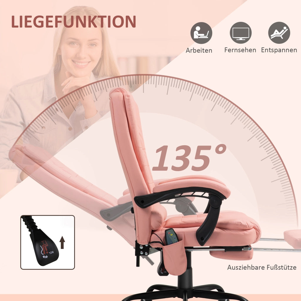 Sedia da ufficio massaggiante a 7 punti con schienale reclinabile, poggiapiedi e telecomando in pelle rigenerata rosa
