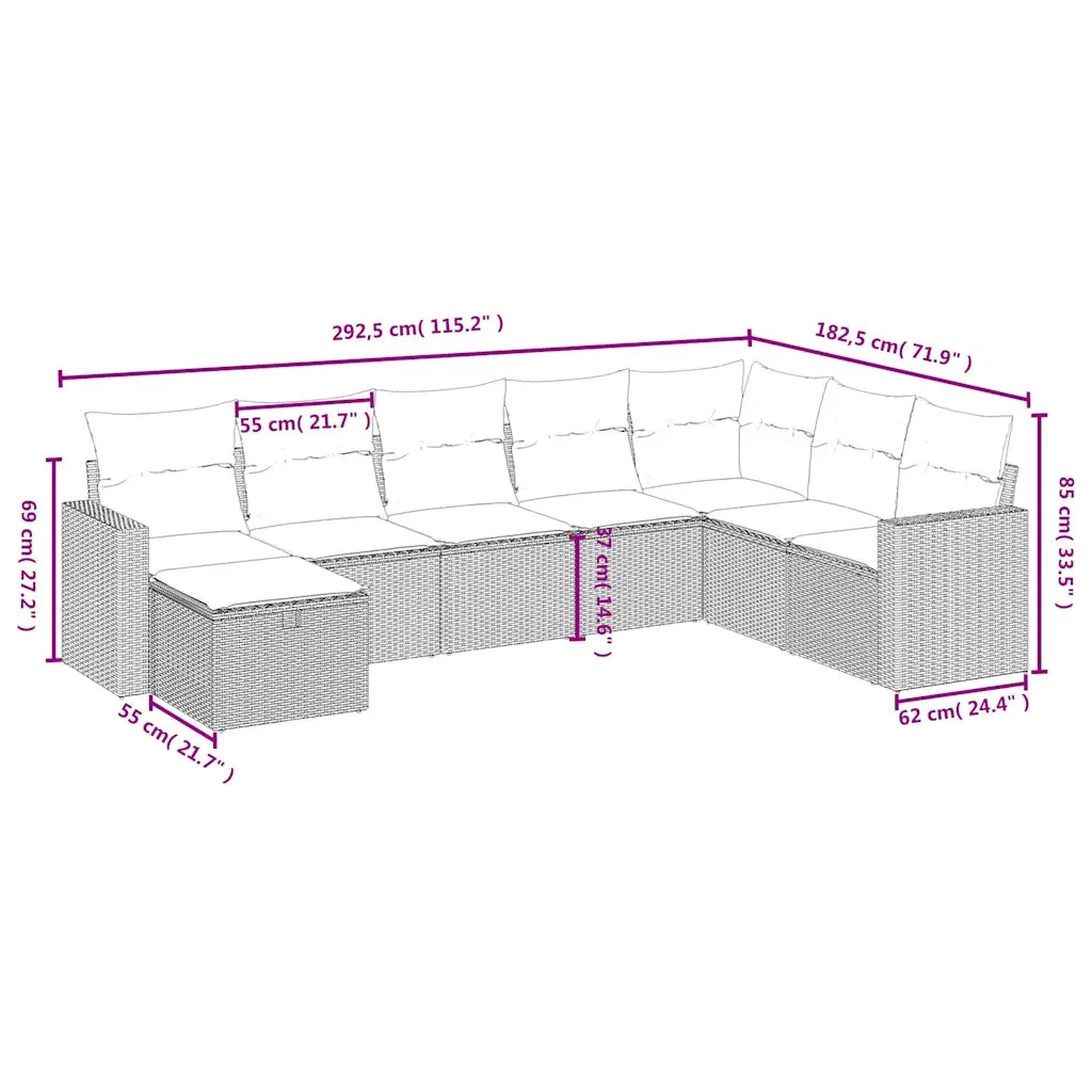 Set Divano da Giardino 8 pz con Cuscini Beige in Polyrattan