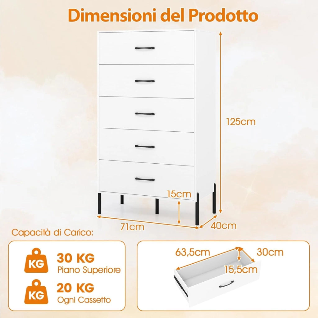 Cassettiera 5 Cassetti, Comò Alta Moderna in Legno con Gambe e Maniglie in Metallo, con Kit Anti-Ribaltamento, per Ufficio, Soggiorno e Camera da Letto, 71 x 40 x 125 cm