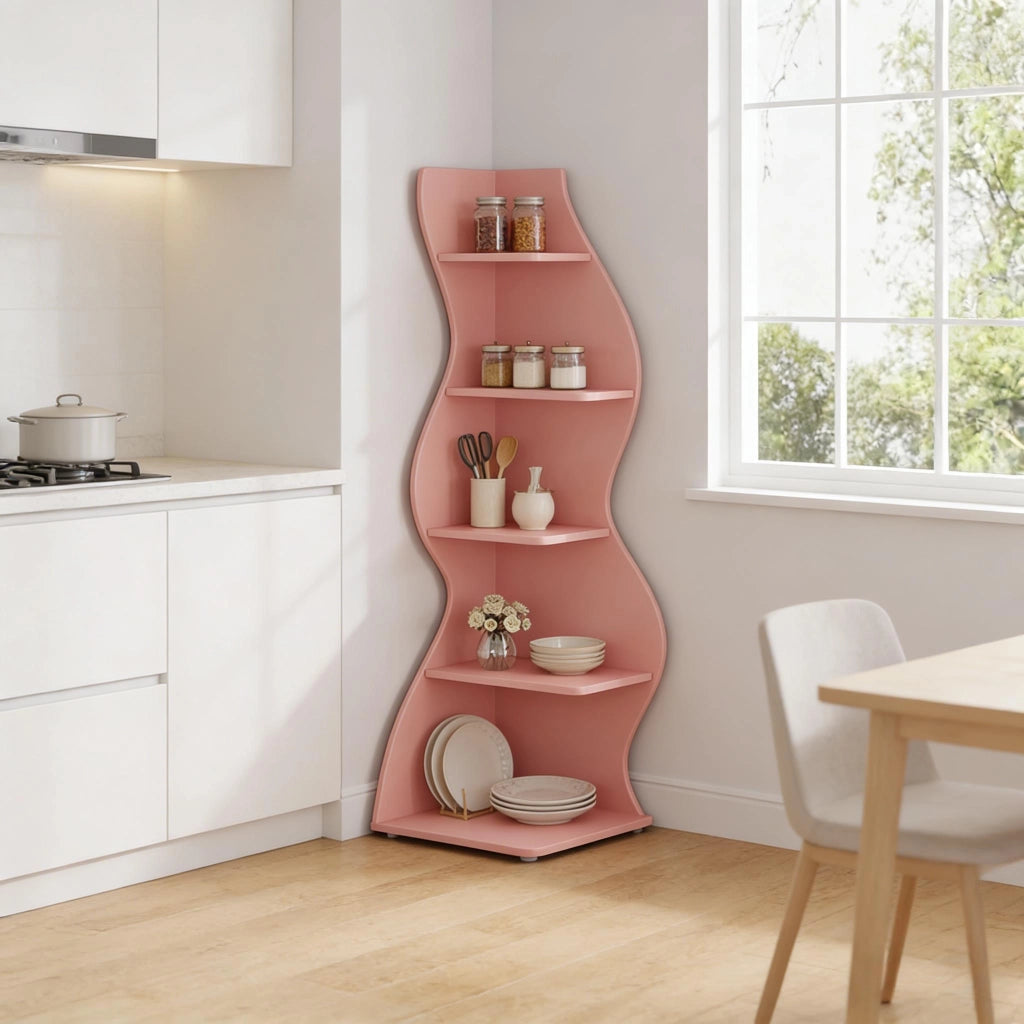 Mensola angolare a 5 ripiani in legno, colore rosa, salvaspazio per casa e ufficio