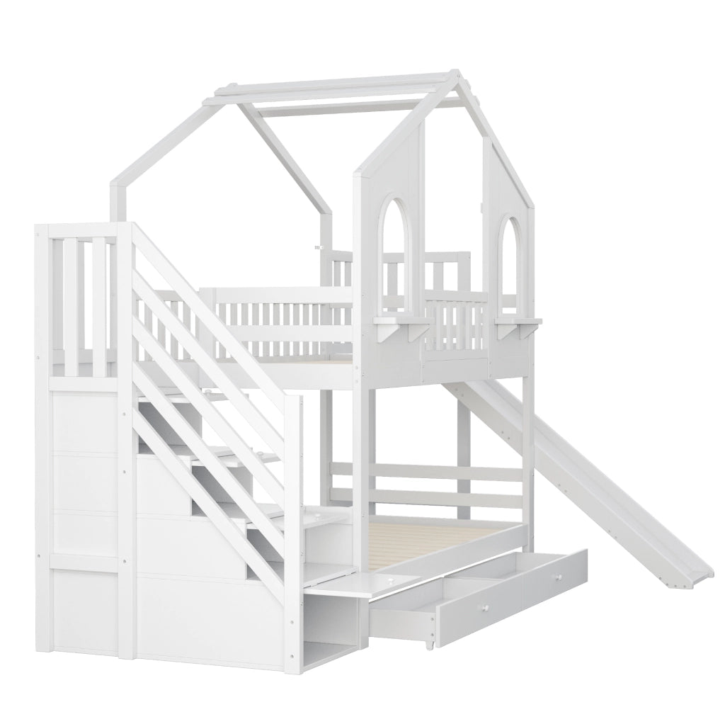 Letto a castello per bambini 90x200 cm con design a casetta, scivolo, scala con contenitore e cassetti, bianco