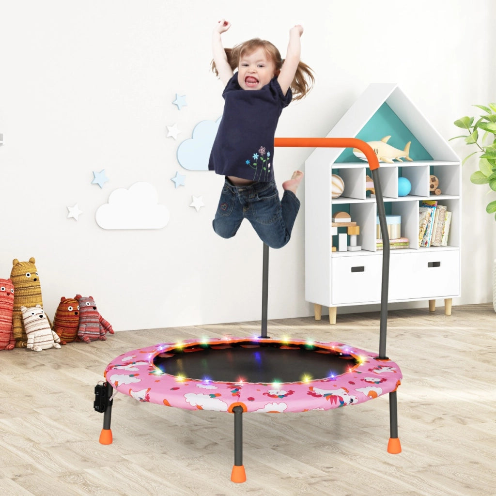 Trampolino per bambini da 92 cm con luci led tappeto rotondo per saltare, Mini trampolino per bambini 3-6 anni Rosa-Trampolini